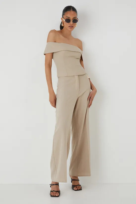 Linen Look High Waist Wide Leg Trousers