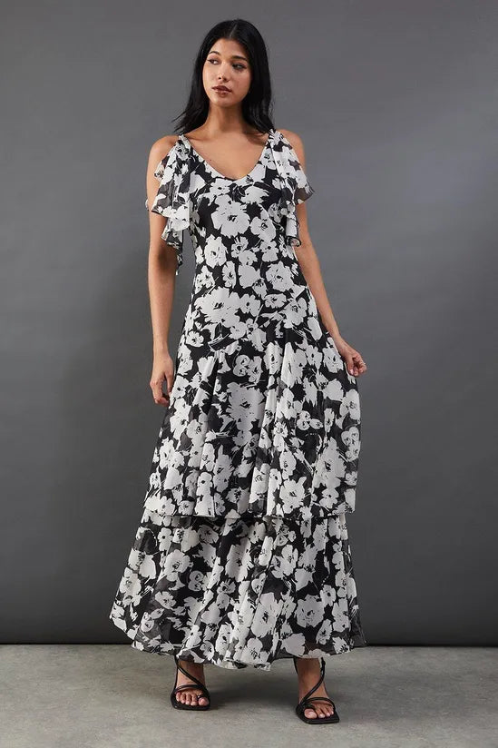 Floral Strappy Chiffon Tendril Layer Midi Dress