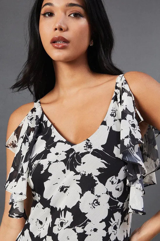 Floral Strappy Chiffon Tendril Layer Midi Dress