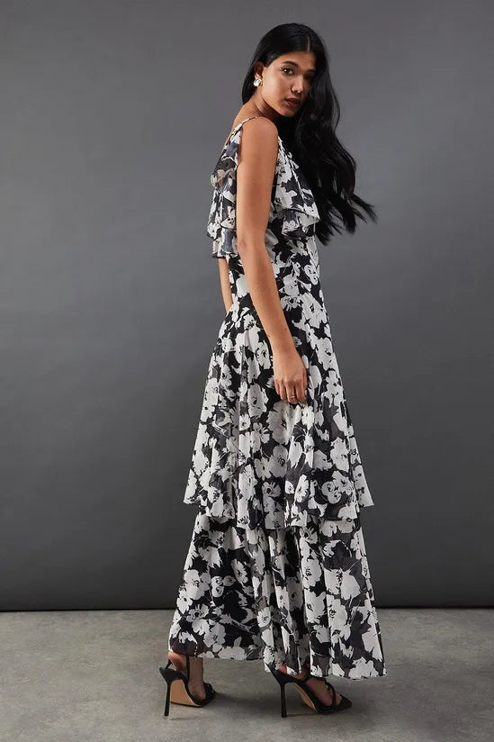 Floral Strappy Chiffon Tendril Layer Midi Dress