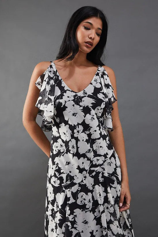 Floral Strappy Chiffon Tendril Layer Midi Dress