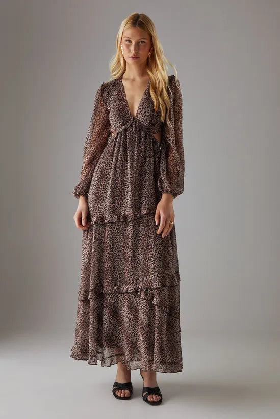 Chiffon Cut Out Waist Ruffe Maxi Dress