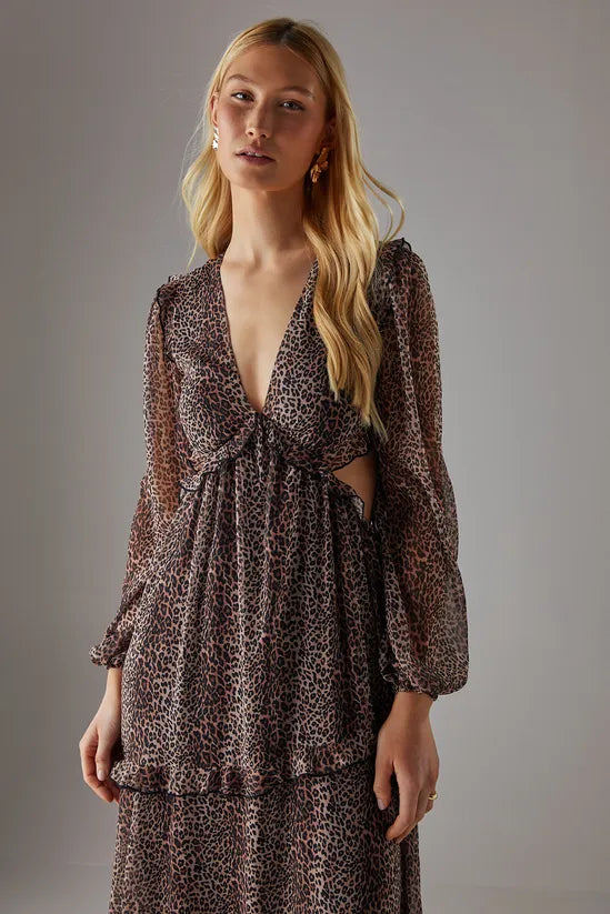 Chiffon Cut Out Waist Ruffe Maxi Dress