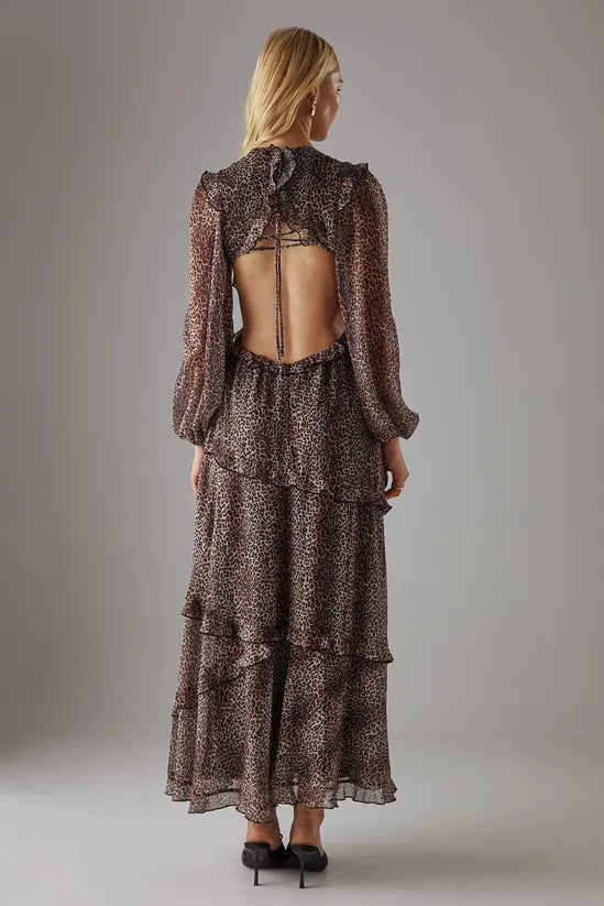Chiffon Cut Out Waist Ruffe Maxi Dress